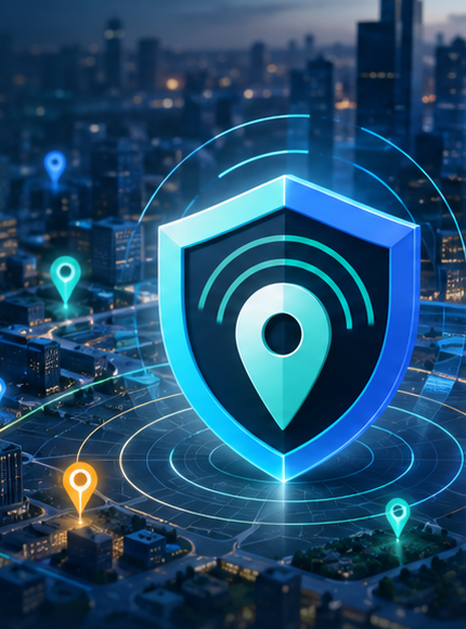 Electric blue Sentinel shield and teal location pin above a city at night